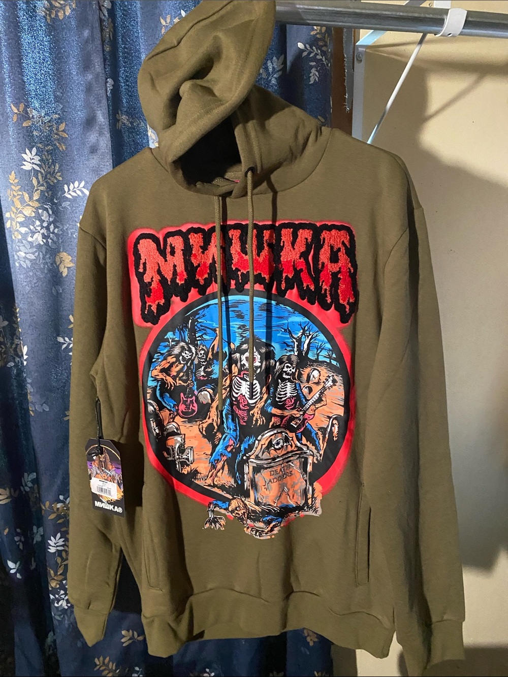 Olive Graphic Pullover Hoodie with Skeleton Band Print